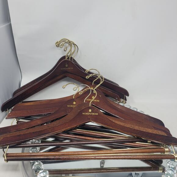 VTG Nordstrom Sturdy Wooden Hangers Mahogany Cherry Gloss Lot of 12 w Slack Bars - Picture 2 of 8